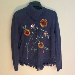 Vintage Boho Embroidered Floral Fringe Hem Sweater Whimsigoth Petite Medium